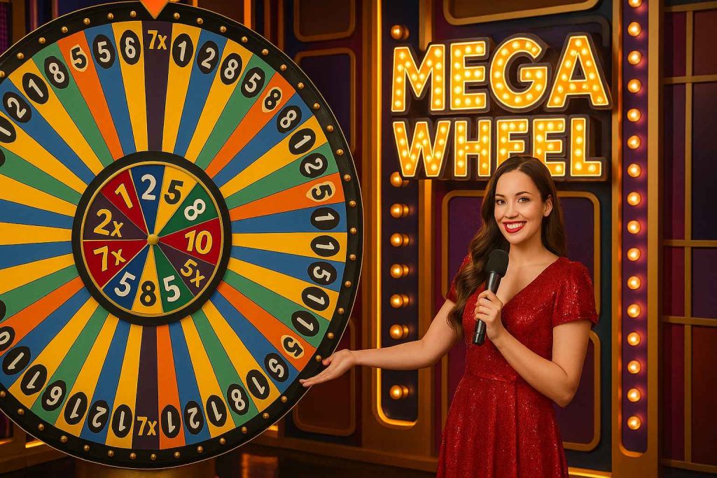 Mega Wheel colorido girando com apresentador ao vivo.