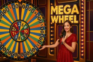 Mega Wheel colorido girando com apresentador ao vivo.