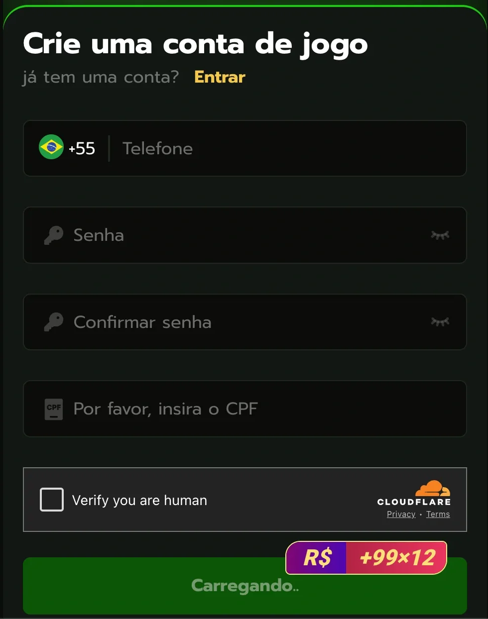 Tela de registro do 22CC cassino